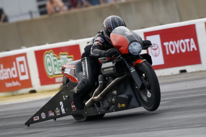 Pro Stock Motorcycle rider Eddie Krawiec racing on Saturday at the Route 66 NHRA Nationals