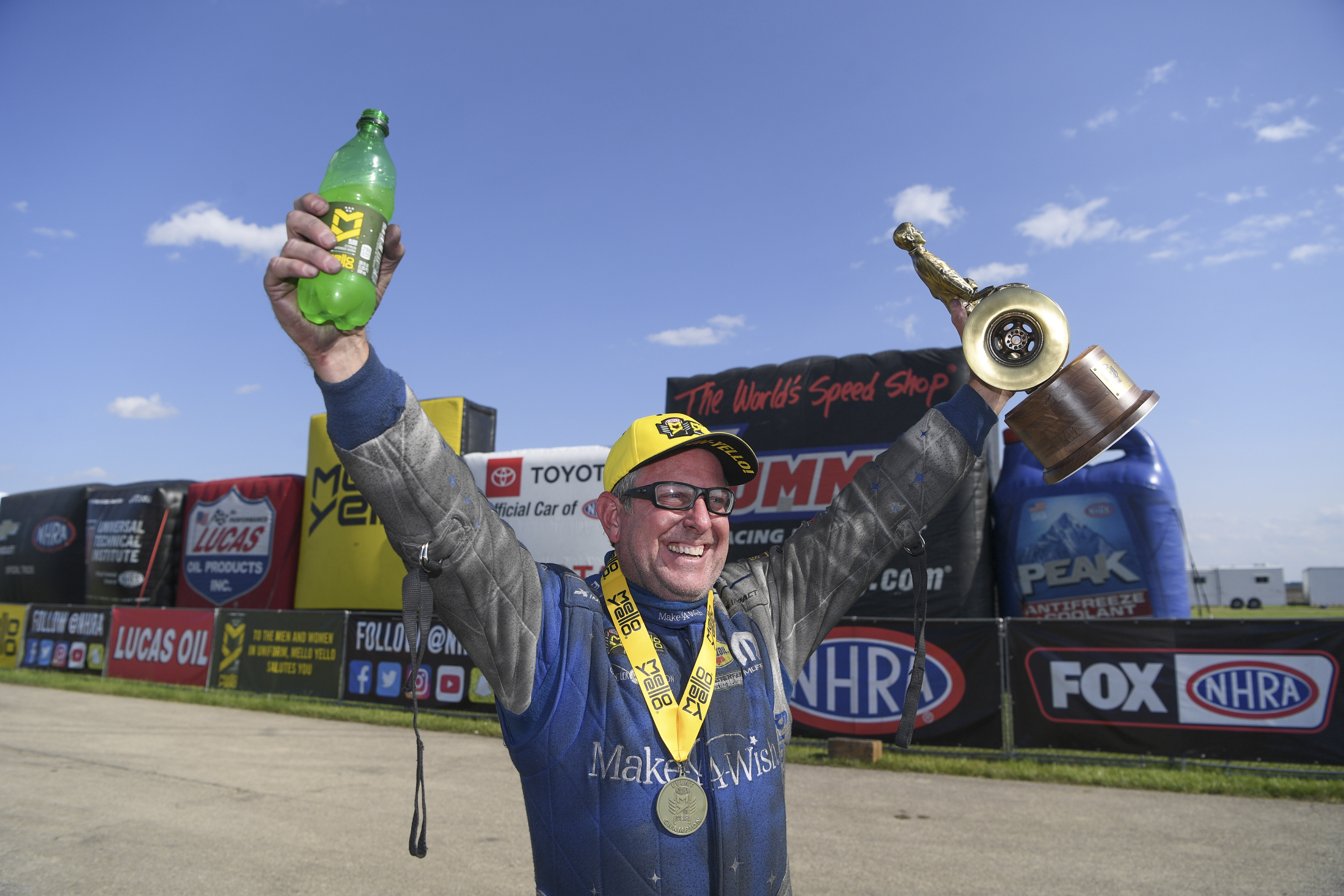 Funny Car pilot Tommy Johnson Jr. on Sunday after winning the Route 66 NHRA Nationals