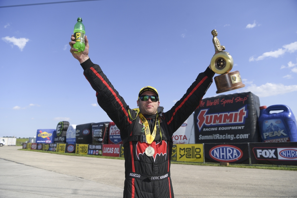Pro Stock driver Deric Kramer after winning on Sunday at the Route 66 NHRA Nationals