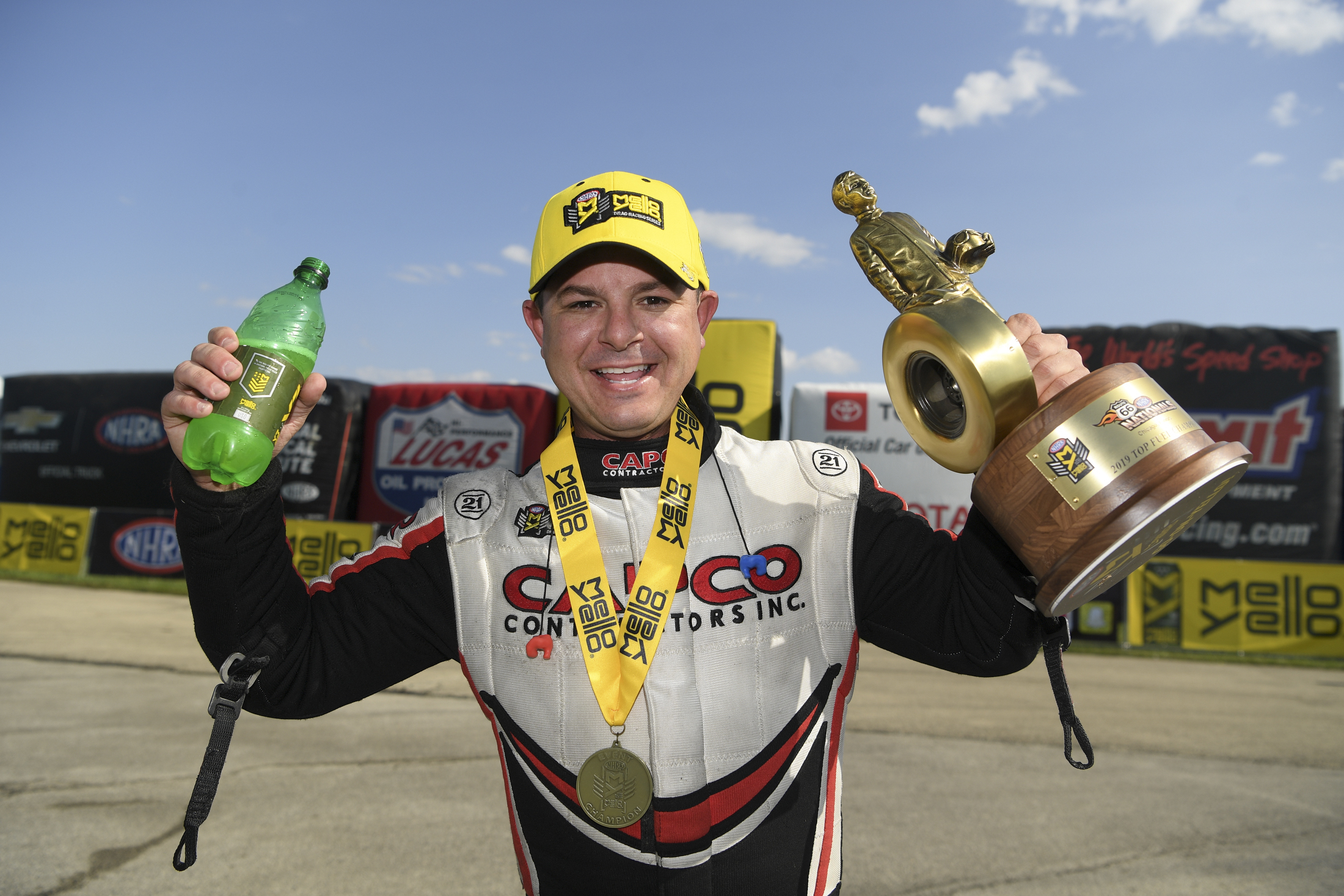 Top Fuel Dragster pilot Steve Torrence after winning the Wally at the Route 66 NHRA Nationals