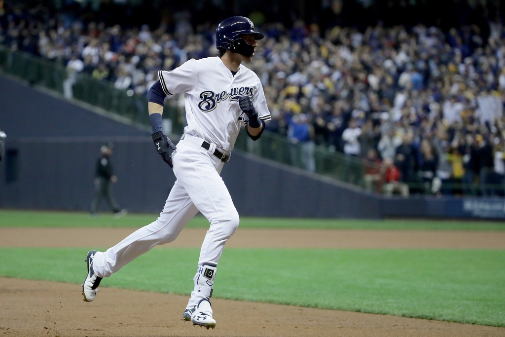 Milwaukee Brewers star outfielder Christian Yelich celebrates after hitting a solo home run against the Los Angeles Dodgers in the 2018 National League Championship Series